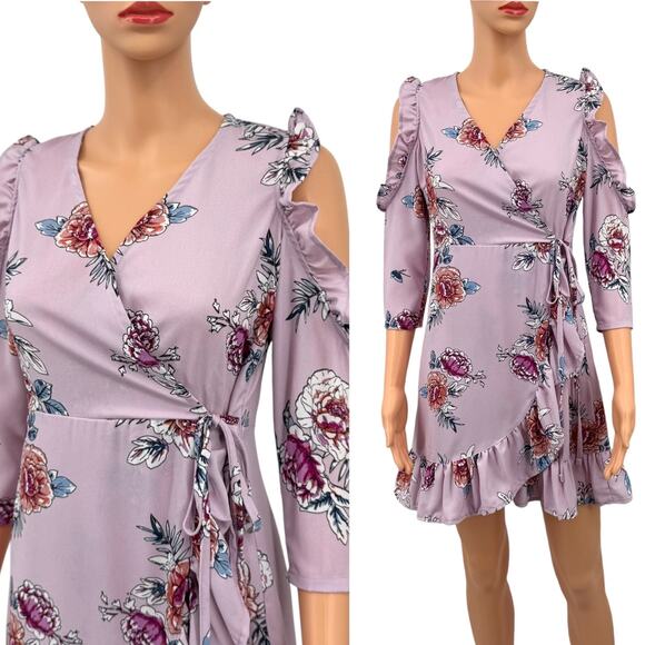 Romeo & Juliet Couture Floral Ruffle Faux Wrap Mini Dress Lilac Purple Size S - Picture 1 of 14